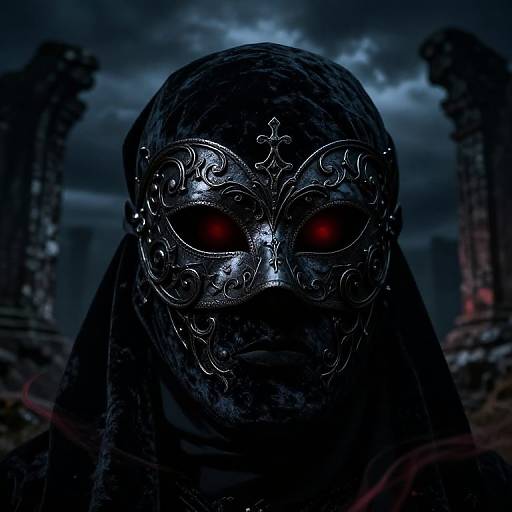 Dark, eerie photograph of a masked figure with red glowing eyes, ornate silver mask, black hood, and ruins in the background.
