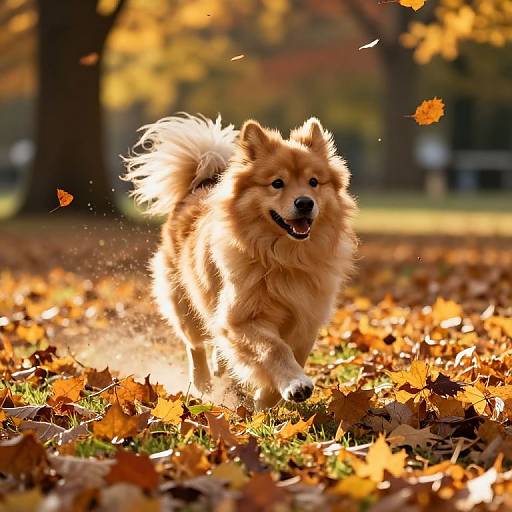 Photograph of a fluffy, golden-brown Chow Chow running joyfully through a sunlit autumn park, surrounded by fallen orange and yellow leaves.