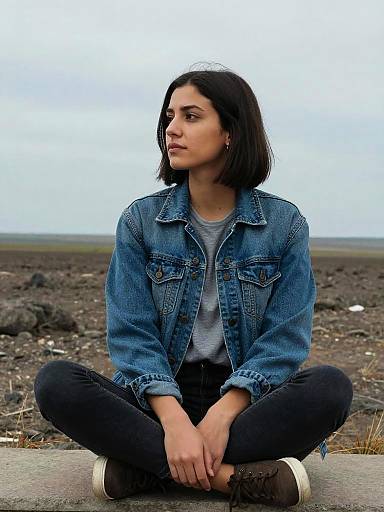 Photograph of a young woman with shoulder-length black hair, wearing a denim jacket and black pants, sitting cross-legged on a rocky landscape, gazing