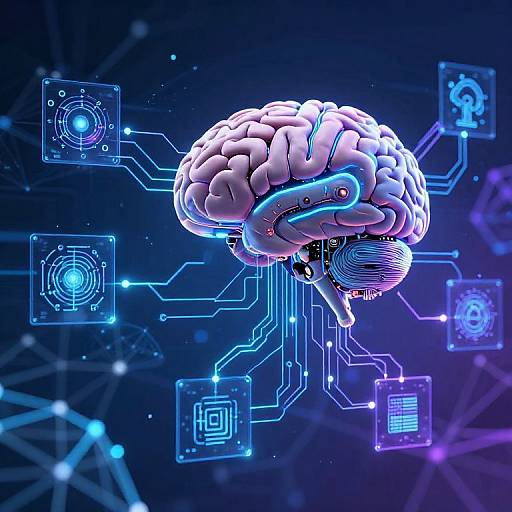 Digital illustration of a glowing white brain connected to blue circuit boards with biometric data on a dark, futuristic blue background.