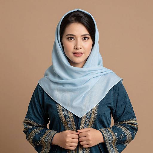 Photograph of a young Asian woman with fair skin, black hair, wearing a light blue hijab and dark blue traditional embroidered dress, standing against a