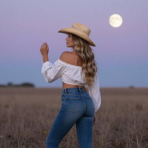 Woman in Cowboy Hat at Dusk in Field