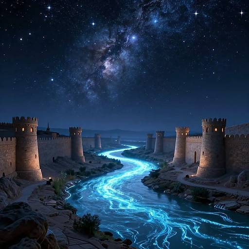 Digital artwork of a glowing blue river flowing through a night sky, surrounded by illuminated medieval stone towers under a starry Milky Way.