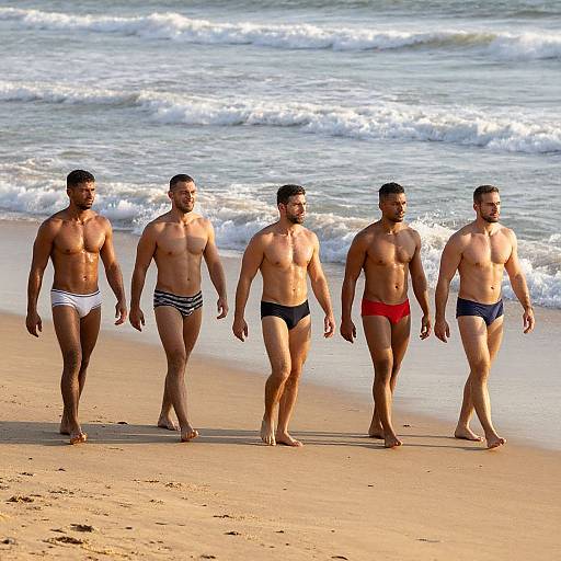 Athletic Men Walking on Sunrise Beach