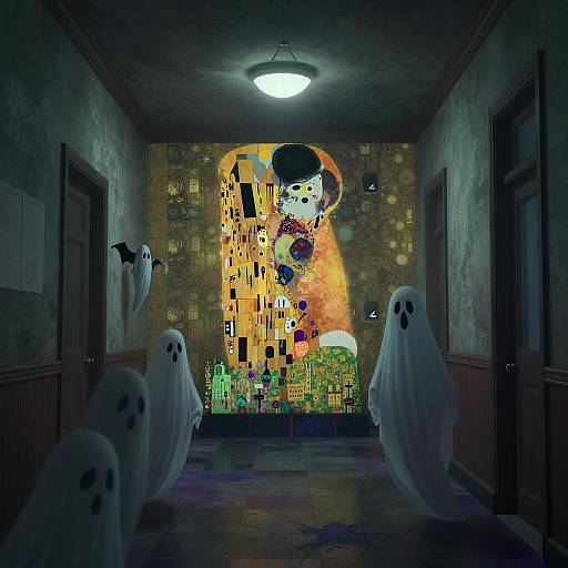 Haunted School Corridor with Ghosts and Klimt-Inspired Mural