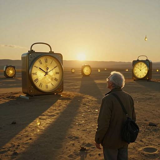 Photograph of an elderly man with white hair, sunglasses, and brown jacket, standing in a desert at sunset, looking at large, illuminated clock faces