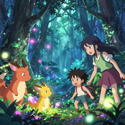 Digital anime-style illustration of a girl and boy with Pokémon Eevee and Jolteon in a magical, glowing forest.