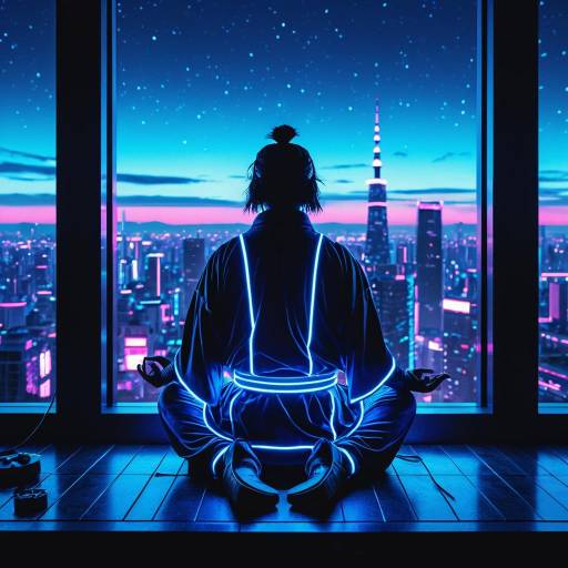 Neon Samurai Meditating at Dusk