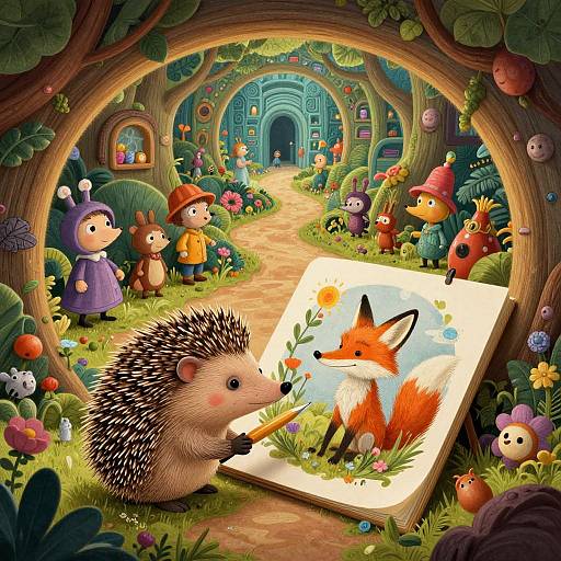 Whimsical digital illustration of forest scene with colorful characters: hedgehog paints fox on canvas, surrounded by vibrant flowers and trees, archway background.