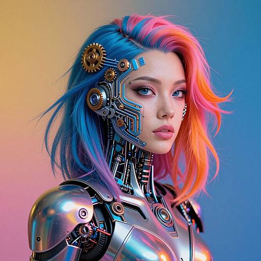Digital art of a cyberpunk woman with vibrant blue and orange hair, metallic robotic shoulders, and intricate circuitry on her face and head, against a