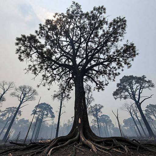 Photograph of a large, leafless tree with sprawling roots in a foggy forest, silhouetted against a bright, overcast sky.