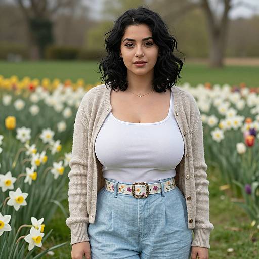 Photograph of a curvy woman with dark, wavy hair, wearing a white tank top, light blue high-waisted jeans, and a