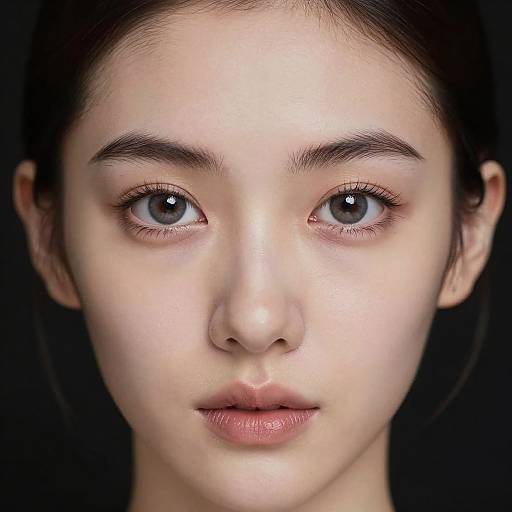 Close-up photograph of an East Asian woman with fair skin, large gray eyes, dark eyebrows, and black hair against a black background.