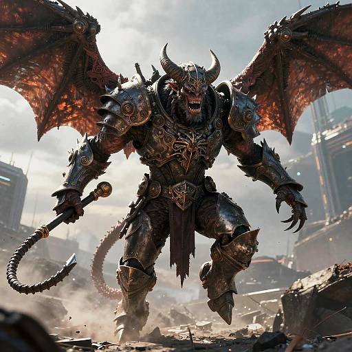 Digital artwork of a fearsome, horned demon warrior with red, glowing eyes, massive wings, and intricate, dark armor, charging through a ruined