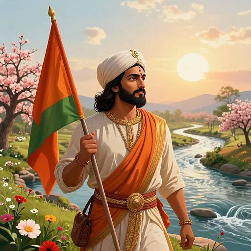 Digital painting of a bearded Sikh man with dark hair, wearing a white turban and orange sash, holding a green-and-orange flag, standing