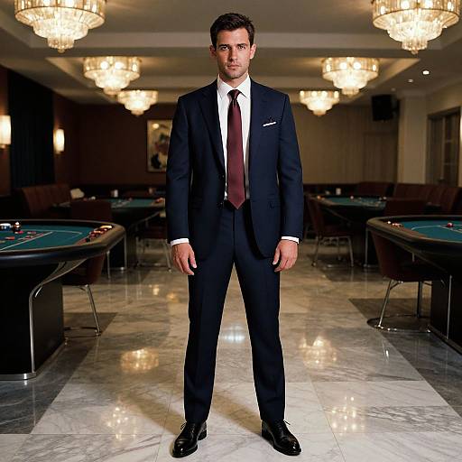 Photograph of a serious, dark-haired man in a black suit, white shirt, and maroon tie, standing in a luxurious, chandelier-l