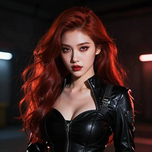 Photorealistic CGI of a fair-skinned, red-haired woman with striking red lipstick, wearing a black leather corset and jacket, illuminated by red