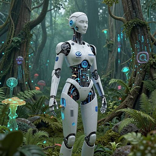 Photorealistic CGI: White, humanoid robot with blue glowing circuits stands in lush, bioluminescent forest, surrounded by glowing mushrooms and ferns