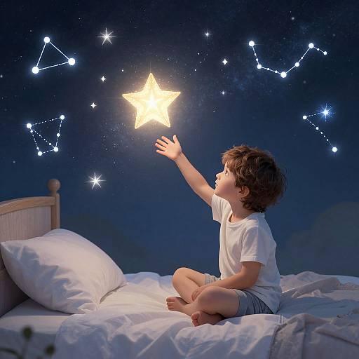 Photograph of a curly-haired toddler in white shirt and striped shorts, sitting on a bed, reaching for a glowing star in a dark, starry