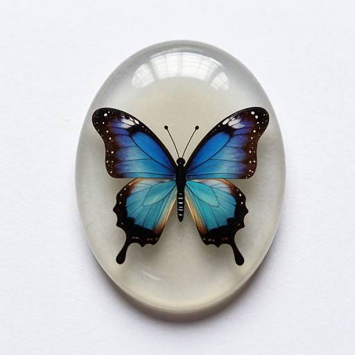 Photograph of a vibrant blue and black butterfly with brown edges, centered on a smooth, glossy, white ceramic plate.