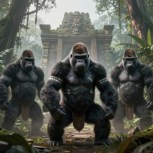 Photorealistic CGI of three muscular, dark-furred gorillas with tribal arm bands, standing in front of an ancient, jungle temple.