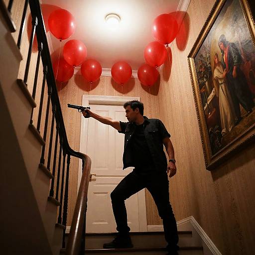 Intense Gunman in Dimly Lit Staircase