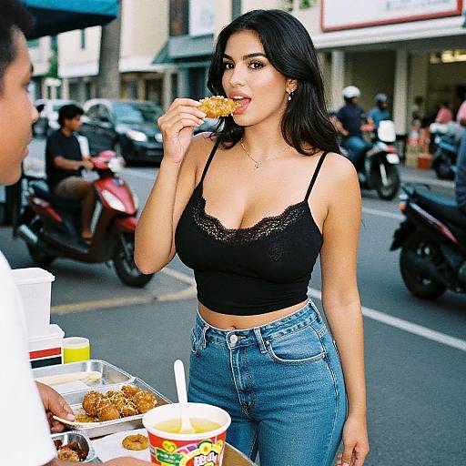 Photograph of a young woman with long black hair, wearing a black lace-trimmed tank top and blue jeans, eating a fried doughnut on