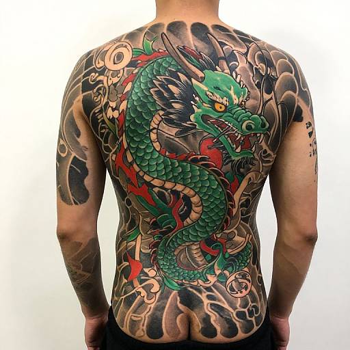 Vibrant Japanese Dragon Back Tattoo