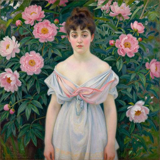 Realistic Oil Painting of Woman with Peonies