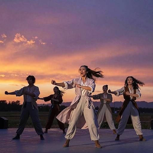 Photograph of five dancers in white attire performing a traditional dance at sunset, with a vibrant orange and purple sky background.