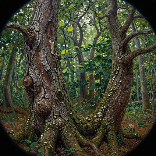 Photograph of a dense, vibrant forest with twisted, moss-covered trees; textured bark and rich green foliage; circular vignette framing.