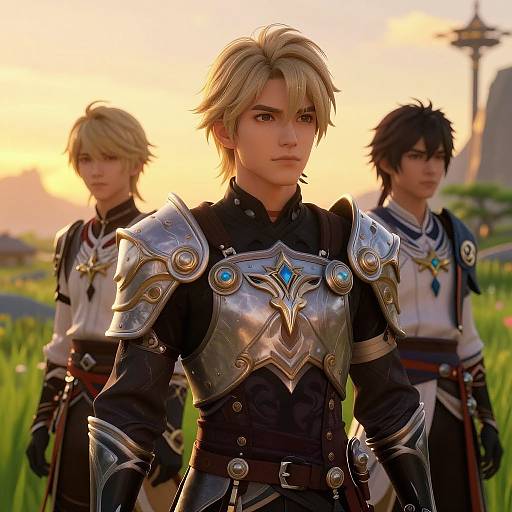 Digital artwork of three blond and dark-haired male warriors in ornate silver armor with blue gems, standing in a sunlit field at sunset.