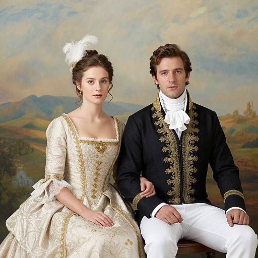 Photograph of a young Caucasian couple in 19th-century attire; woman in cream, gold-embroidered dress, white feathered headpiece