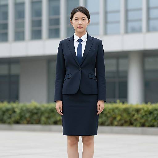Photograph of an Asian woman with black hair in a neat bun, wearing a dark blue business suit and white shirt, standing in front of a modern