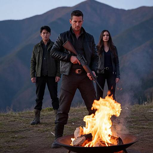 Photograph of three serious, armed individuals standing in front of a mountain, with a burning fire pit in the foreground.
