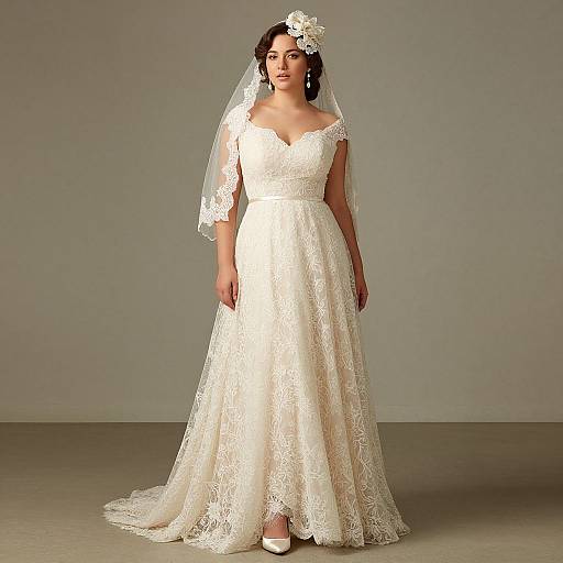 Photograph of a fair-skinned woman with dark hair, wearing a white lace wedding dress with a V-neck and cap sleeves, and a floral head