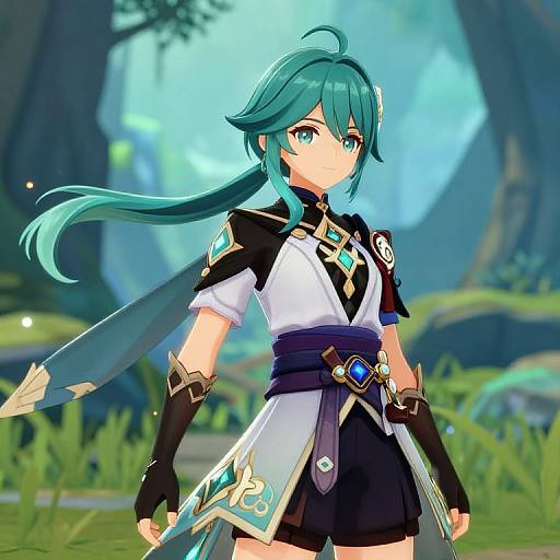Digital anime-style artwork of a teal-haired, blue-eyed warrior with a long ponytail, wearing a white and black outfit with a large sword, standing