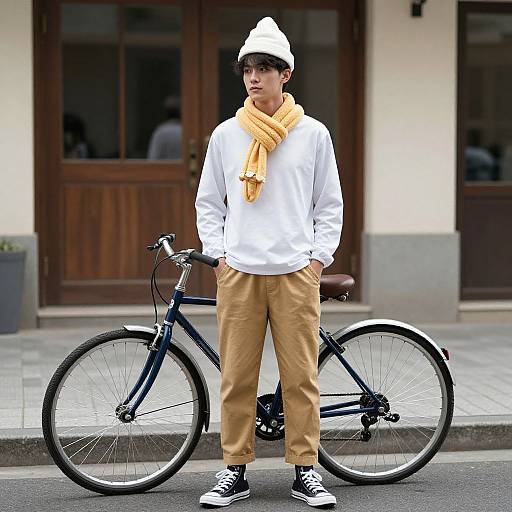 Photograph of a young Asian man in white beanie, orange scarf, white shirt, tan pants, black sneakers, standing with black bicycle on urban