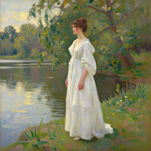 Impressionist painting of a young woman in a white, flowing dress standing by a serene river, gazing into the distance.