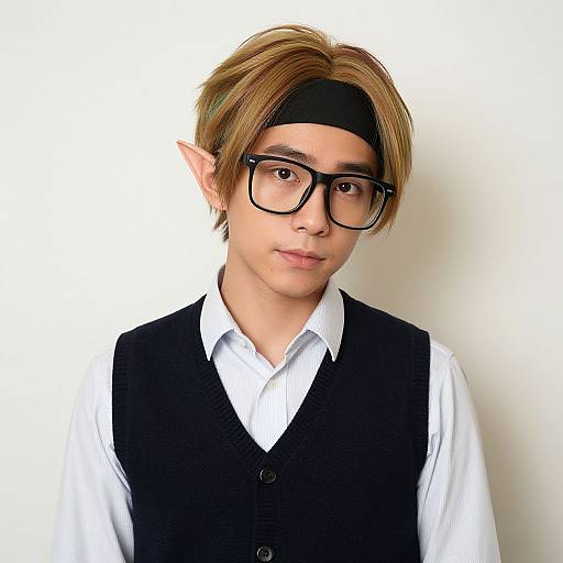 Photograph of an Asian young man with light brown hair, black headband, elf ears, black glasses, white shirt, and black vest, against