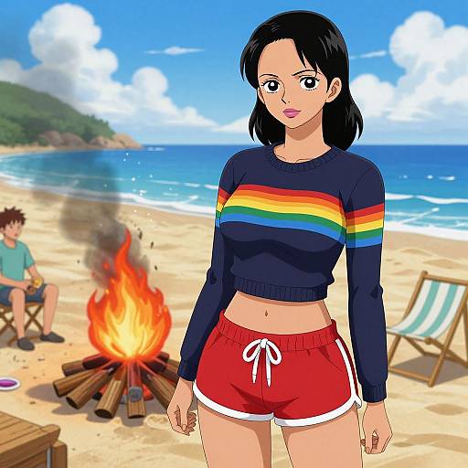 Digital anime-style drawing of a black-haired woman in a rainbow-striped navy sweater and red shorts standing on a beach with a campfire, blue sky,