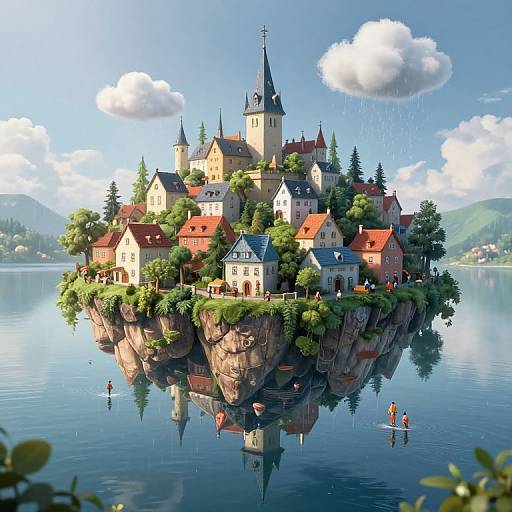 Fantastical CGI rendering of a floating medieval village with colorful houses, a tall church, and lush greenery, reflected in a calm, blue lake