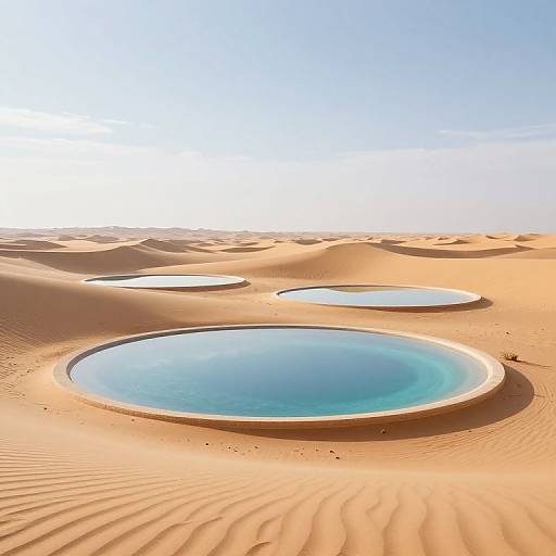 Photograph of a sunlit desert with three circular, water-filled pools embedded in golden sand dunes under a clear blue sky.