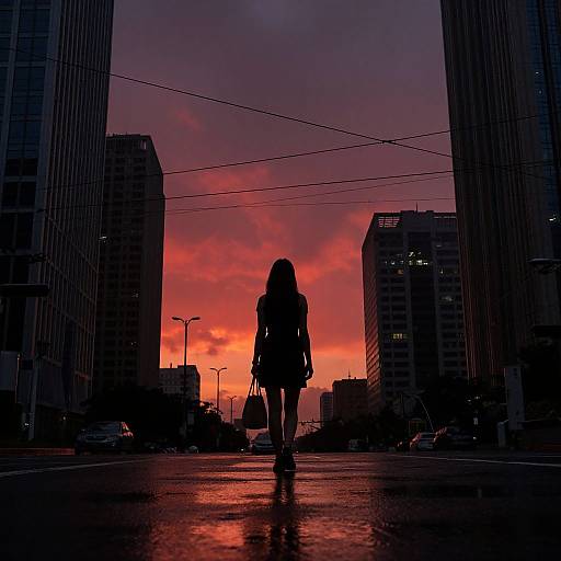 Silhouetted woman with long hair walks down city street at sunset, surrounded by tall buildings, with vibrant red and purple sky. Photograph.