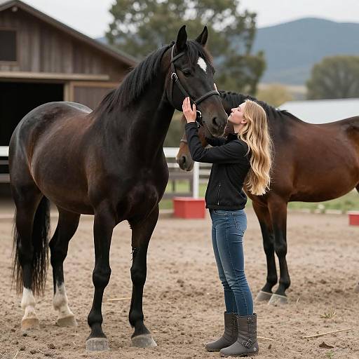 Blonde Woman and Her Horse in Nature