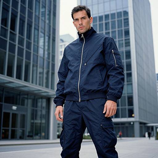 Photograph of a serious-looking man with short black hair, wearing a black zip-up jacket and matching pants, standing in front of modern glass skyscrap