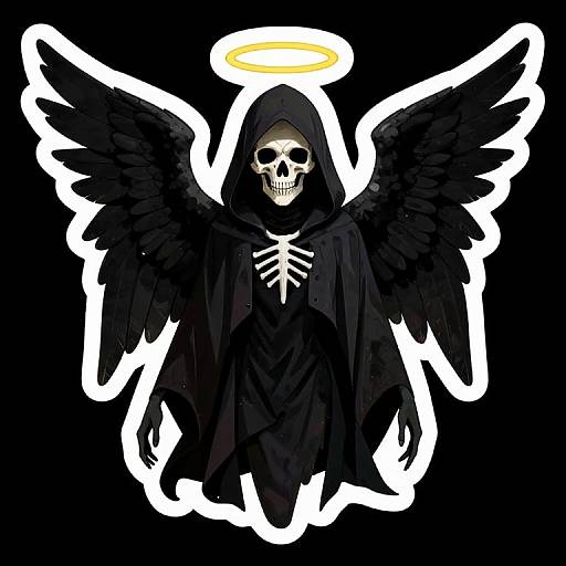 Digital illustration of a skeletal figure with black wings, hooded cloak, glowing yellow halo, and white skeletal outline against black background.