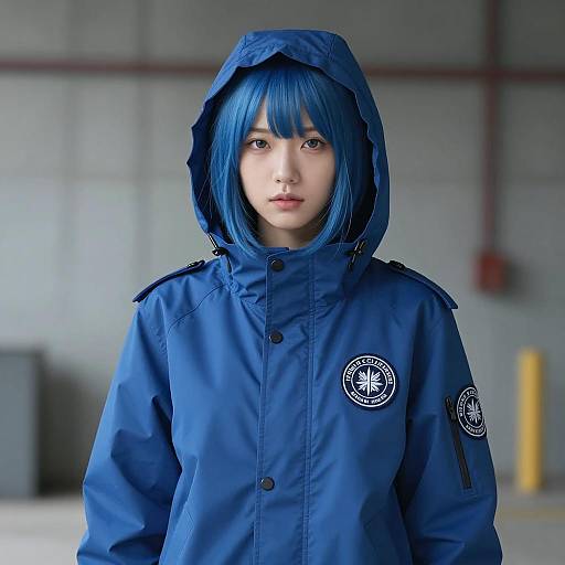 Woman with Blue Hair in Hooded Jacket