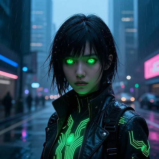 Cyberpunk photograph: Wet-haired Asian woman with glowing green eyes and neon-lit jacket stands in a rainy, illuminated city street.