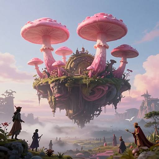 Fantastical digital artwork of giant pink mushrooms with a floating garden, surrounded by wizards and adventurers in a whimsical, misty landscape.